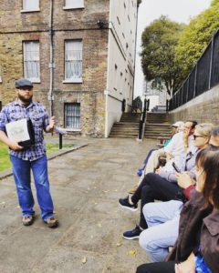 Nate Loper teaching a London Christian Tours group about Guy Fawkes and the Gunpowder Plot