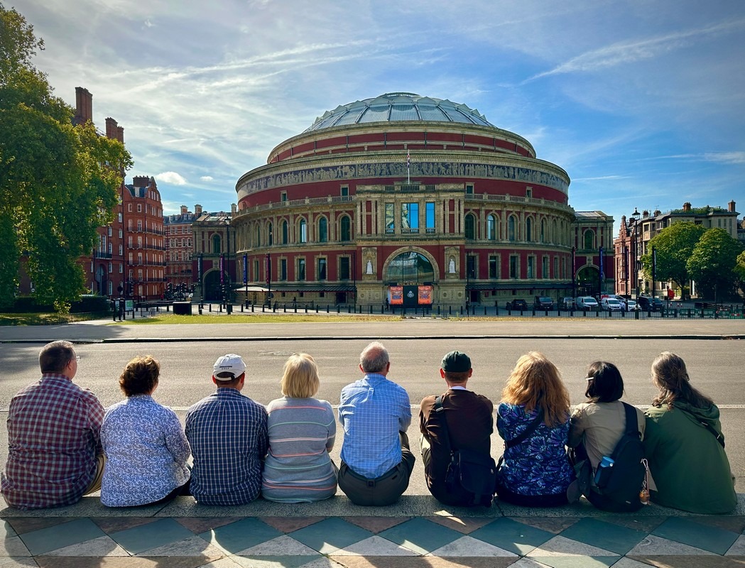 London Christian Tours group seated opposite the Royal Albert Hall in South Kensington