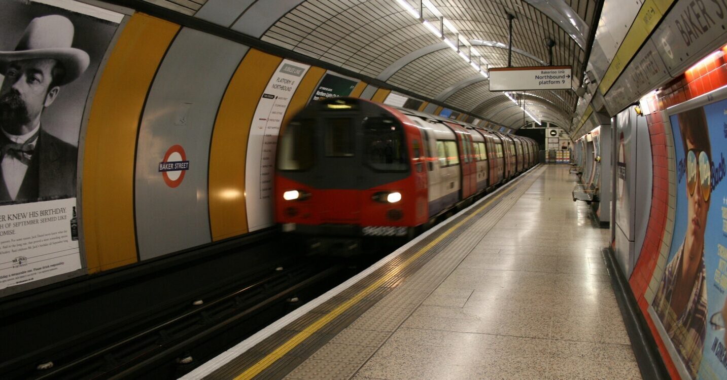 London Underground train arriving at Baker Street station in London