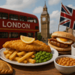 A plate of fish and chips with peas, a pasty, baked beans, a burger with egg, and a cup of tea sit on a table. In the background are a London bus, Big Ben, buildings, and a waving UK flag.