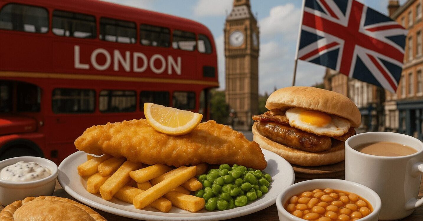 British food spread with fish and chips, London bus, Big Ben, and Union Jack