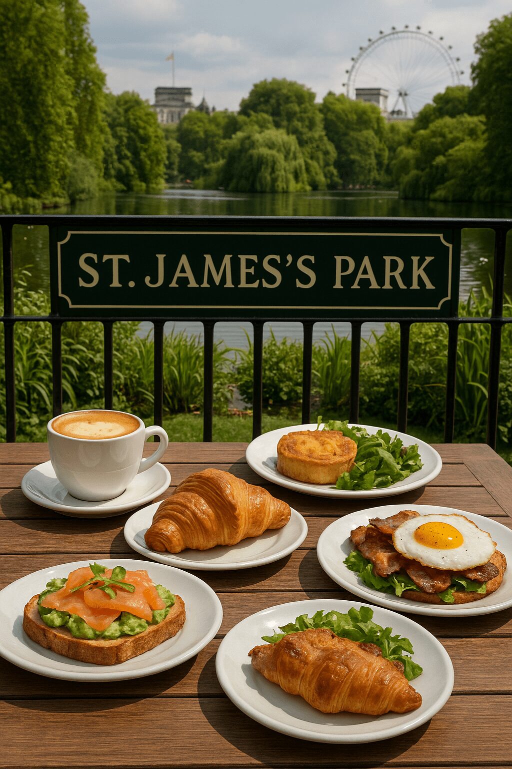 A café table in St. James’s Park with a cappuccino, croissants, avocado toast with smoked salmon, a hash brown with greens, and a bacon and egg breakfast plate. The London Eye and greenery are visible in the background.