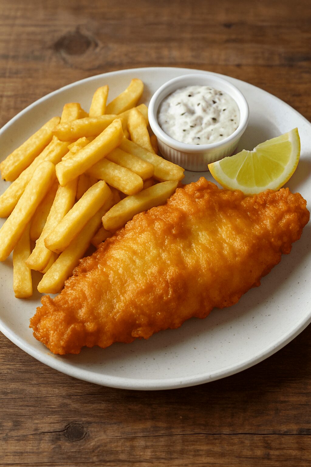 A plate of fish and chips with golden fries, a piece of crispy battered fish, a lemon wedge, and a small dish of tartar sauce on a wooden table.