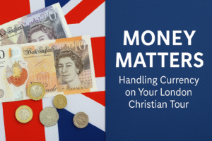 British pound notes and coins on a UK flag background, with text: “Money Matters – Handling Currency and Eating in London on Your Christian Tour.”.