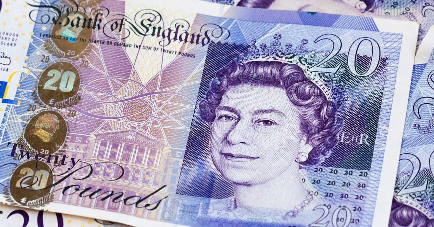 British twenty-pound banknotes illustrating money and currency in London