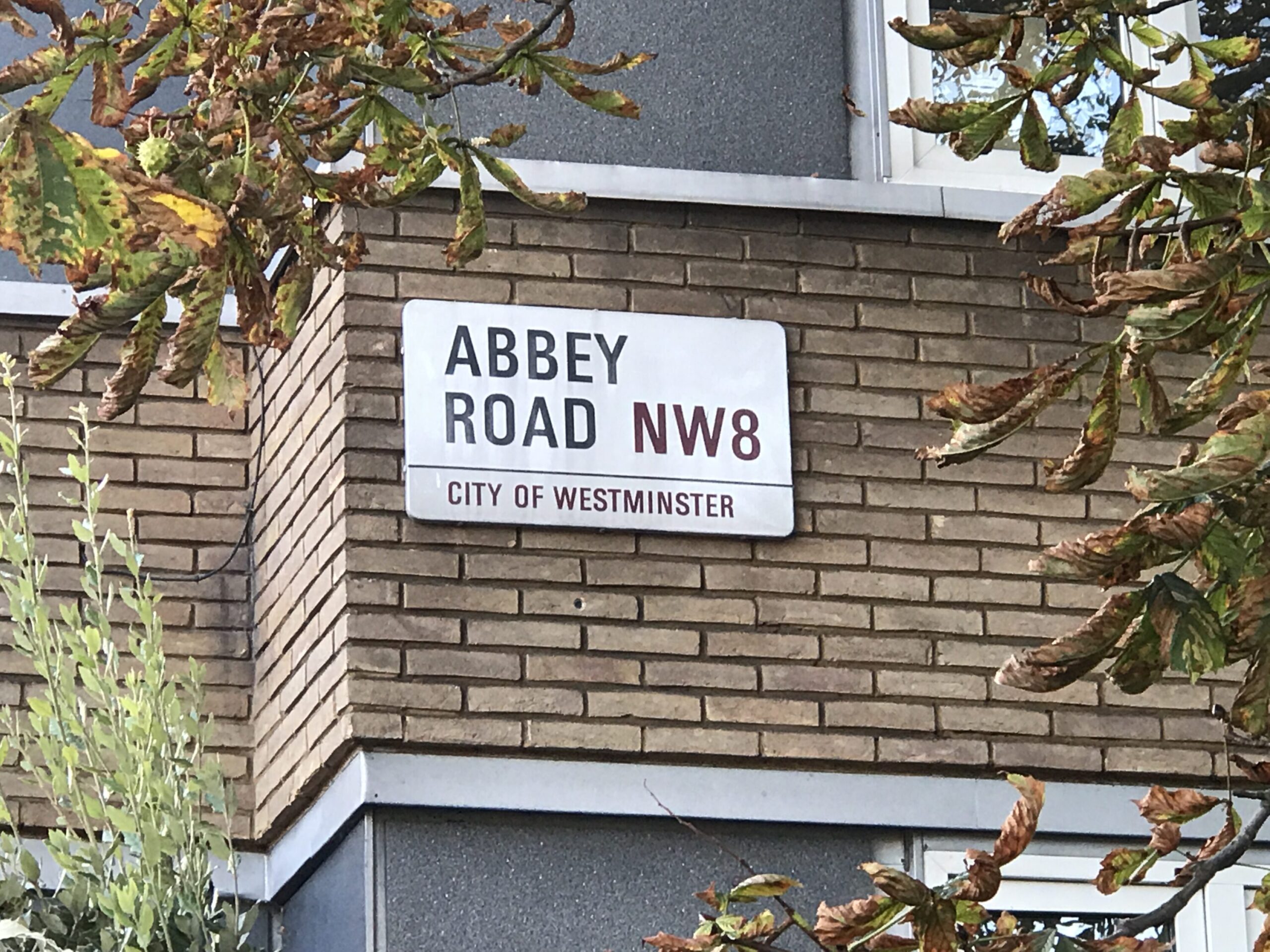 A street sign reading Abbey Road NW8, City of Westminster is mounted on a brick building, partially framed by green and brown leaves.