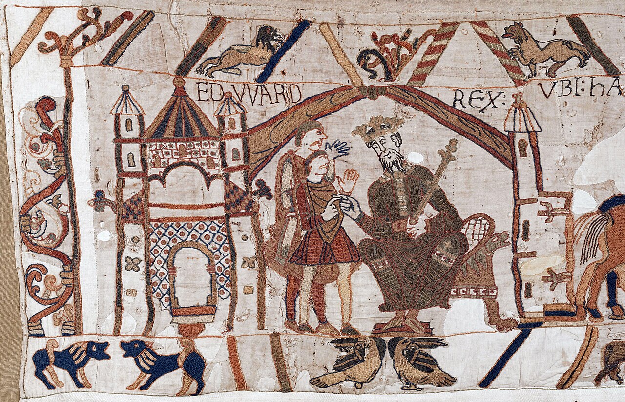 Opening scene of the Bayeux Tapestry showing figures from the story leading to the Norman Conquest
